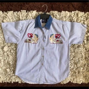 Let’s Quiz Again Denim Embroidered Button Up